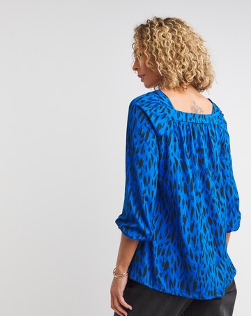 Blue Animal Print Three Quarter Sleeve Square Neck Swing Top
