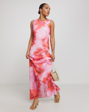 Simply Be Pink And Red Floral Print Mesh Maxi Dress