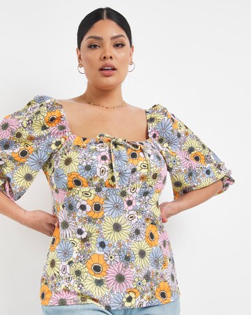 Square Neck Balloon Sleeve Floral Top