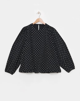 Crew Neck Blouson Sleeve Blouse - Black Spot