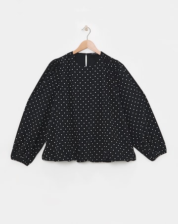 Crew Neck Blouson Sleeve Blouse - Black Spot