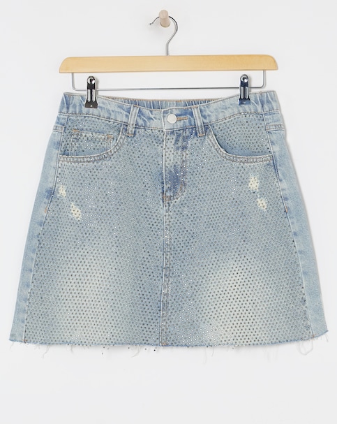 Light Wash Embellished Denim Mini Skirt