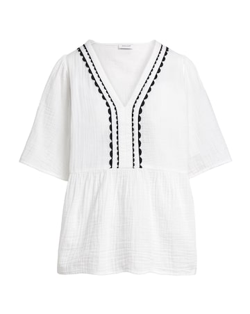 Trim Detail Pure Cotton Textured Short Sleeve Smock Top
