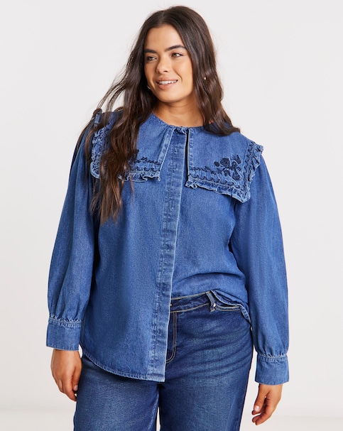 Simply Be Embroidered Sailor Collar Denim Shirt