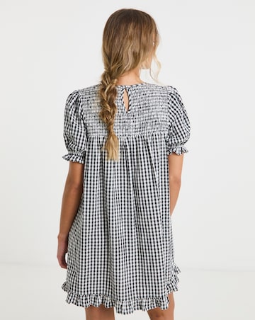 Neon Rose Gingham Smock Mini Dress with Red Contrast Smocking Stitch Detail