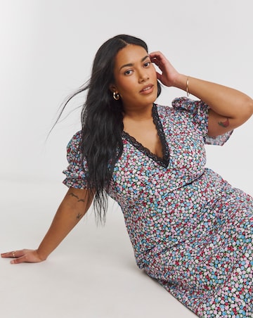 Simply Be Ditsy Printed Lace Trim Midi Dress
