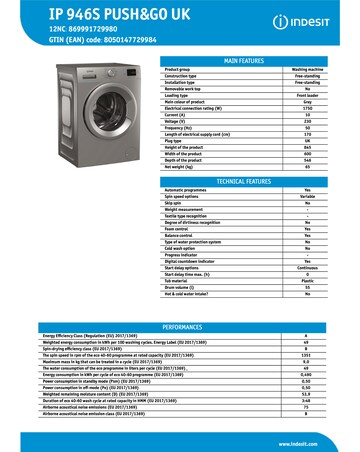 Indesit IP 946S Push & Go Washing Machine - Silver + Install