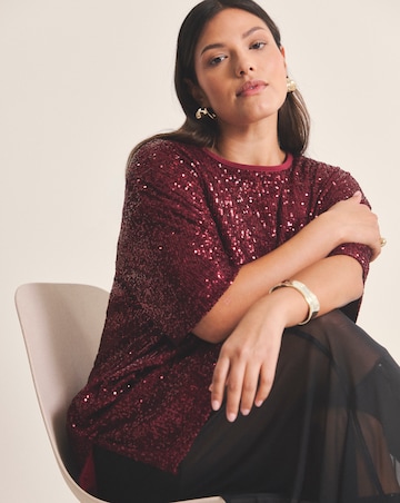 Burgundy Linear Sequin Oversized T-Shirt