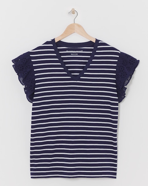 Plisse & Broderie Sleeve V Neck Top