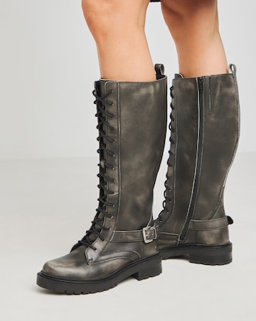 Davina Leather Knee High Lace Up Utility Boots - Extra Wide Fit (EEE) Curvy Calf