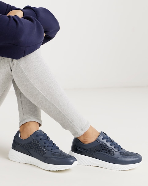 Heavenly Soles Rosetta Lace Up Patterned Leather Trainer - Extra Wide Fit (EEE)