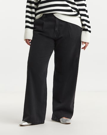 Washed Black Pleat Detail Wide Leg Jeans