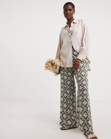 Green Printed Spun Viscose Pull On Wide Leg Trousers