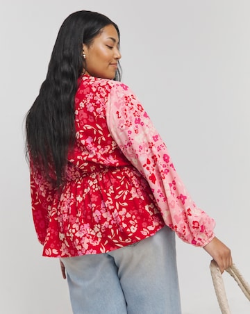 Mixed Print V Neck Long Sleeve Wrap Peplum Blouse