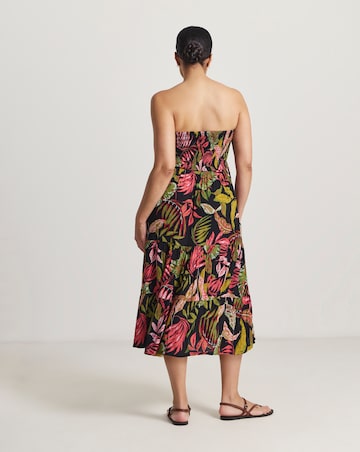Tropical Print Shirred Bandeau Midi Beach Dress