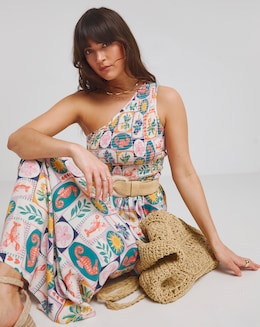 Native Youth One Shoulder Shirred Postcard Midaxi Pocket Dress