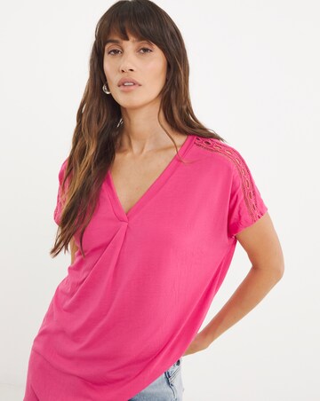 V Neck Grown on Sleeve Trim Insert Longline Top