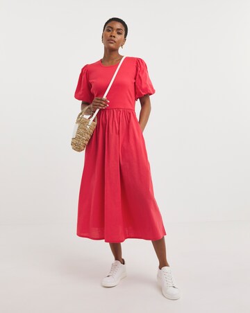 Jersey Midi Dress With Poplin Puff Sleeves