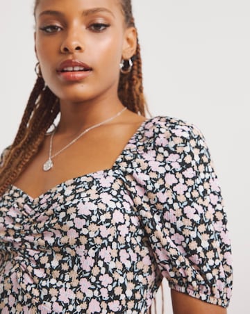Ditsy Floral Ruched Front Waffle Midi Dress