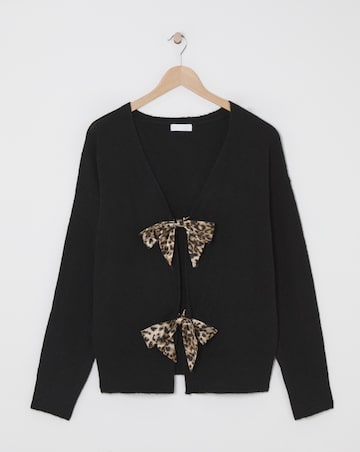 Black Satin Leopard Bow Tie Front Cardigan