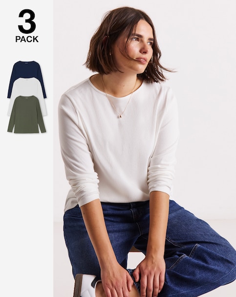 Navy, Khaki & Ecru 3 Pack Long Sleeve Rib Tops