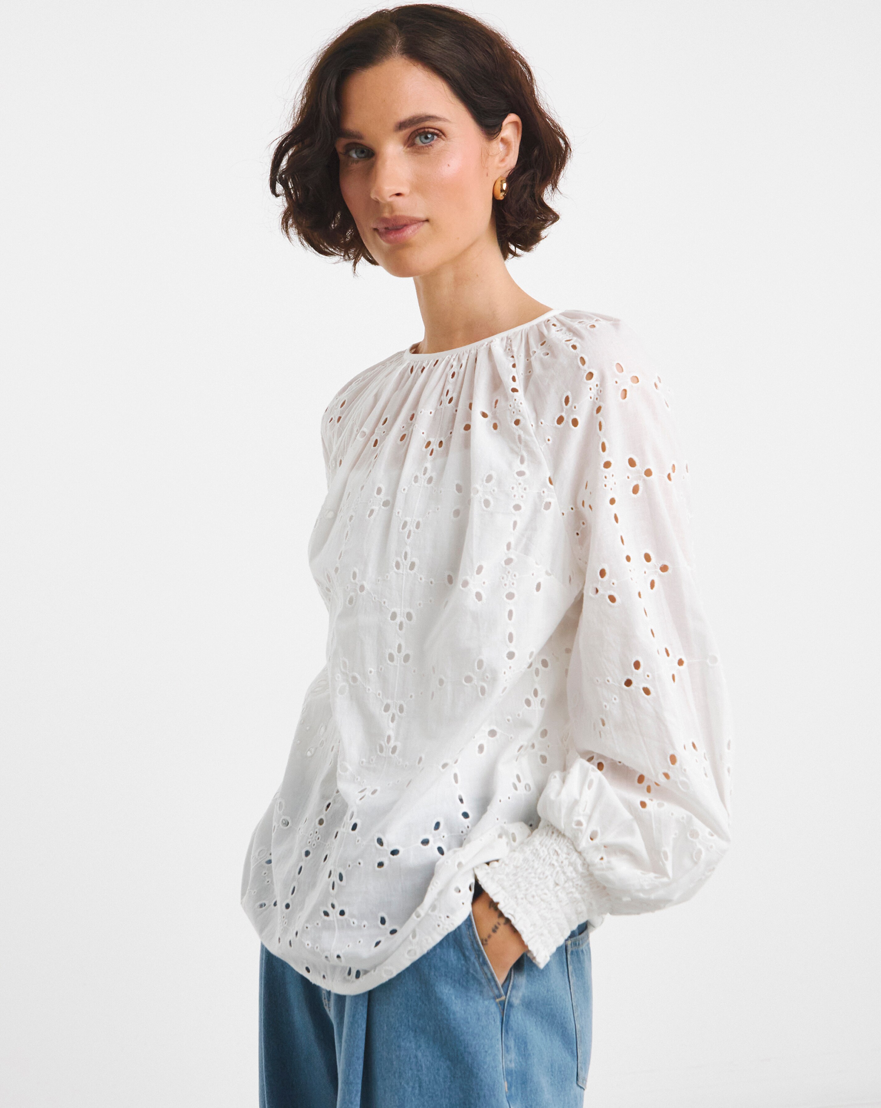 Pure Cotton Broderie Puff Sleeve Top