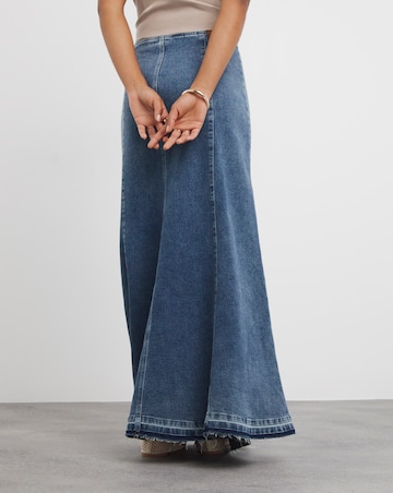Mid Wash Fit and Flare Denim Maxi Skirt