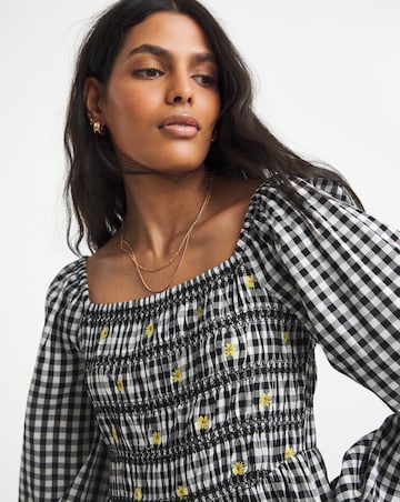 Simply Be Floral Embroidered Mono Gingham Shirred Midi Dress