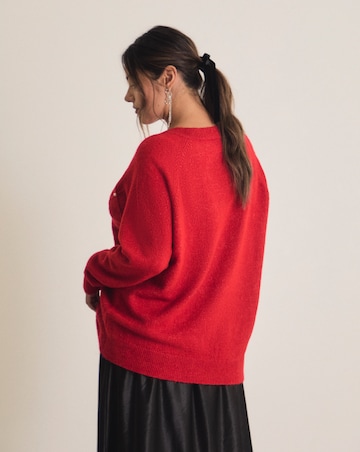 Red V-Neck Pearl Cable Knit Tunic