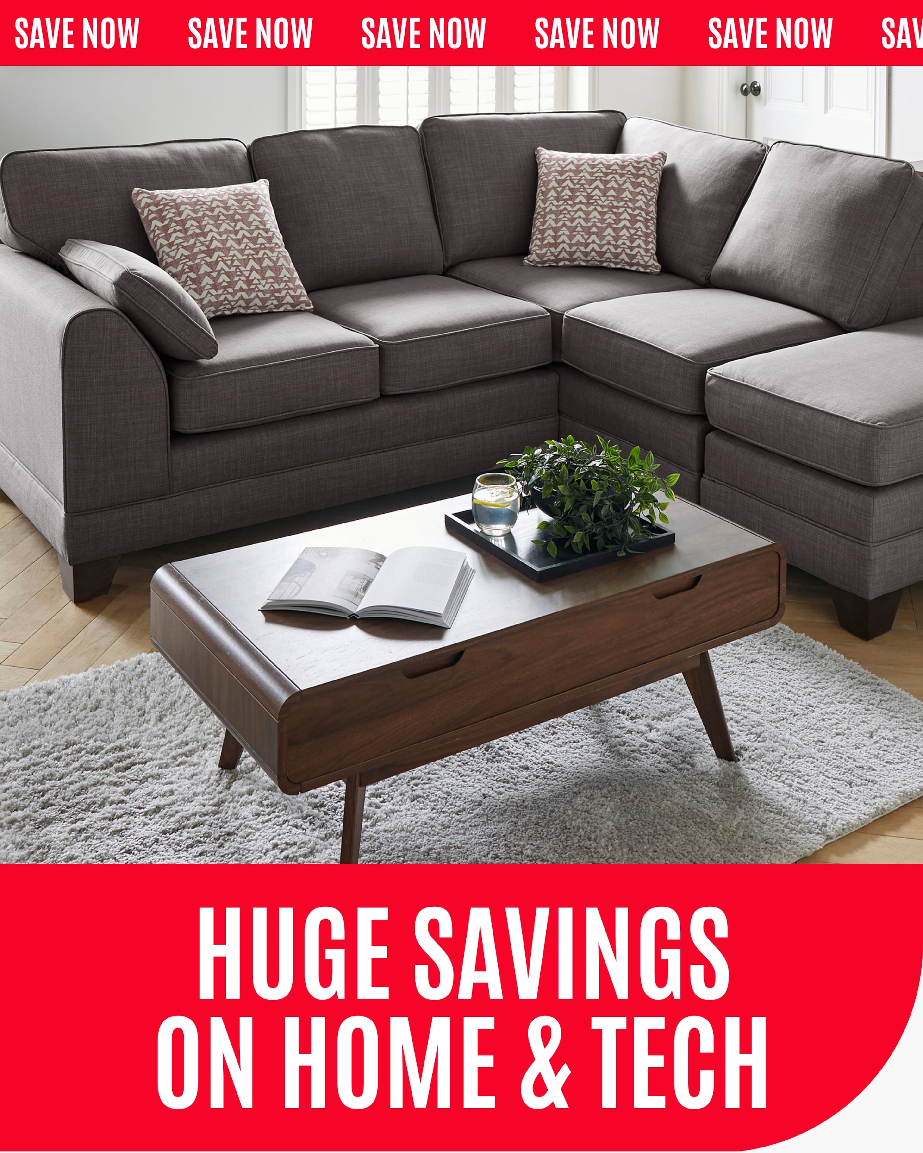 Grey corner sofa, with a coffee table in the foreground