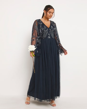Maya Curve Cape Sleeve Floral Sequin Embroidered Tulle Maxi Dress