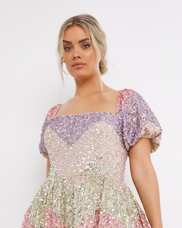 Maya Curve Square Neck Rainbow Sequin Embellished Mini Skater Dress
