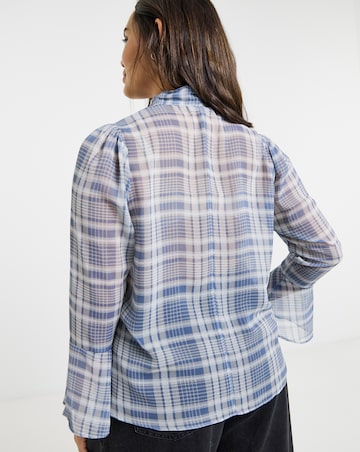Blue Check Pussybow Blouse with Neck Tie