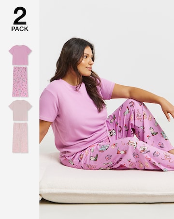 Simply Be (2 Pack) Cotton Ribbed Top Pyjama Sets Multi
