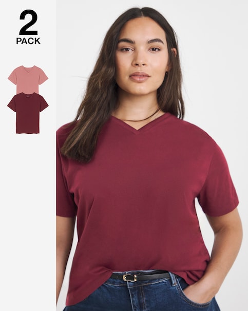 Burgundy & Rose 2 Pack High V Neck Slim Fit T-Shirts