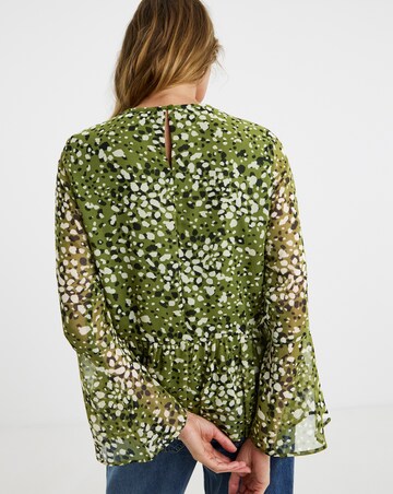 Georgette Collarless Trumpet Sleeve Peplum Blouse