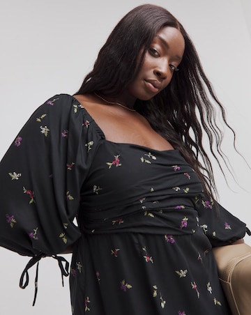 Black Floral Print Soft Volume Midi Dress