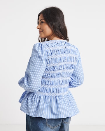 Blue Stripe Decorative Cotton Smocking Striped Poplin Blouse