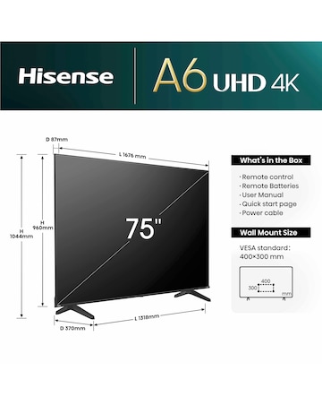 Hisense 75in 75A6NTUK Smart 4K UHD HDR LED TV with Amazon Alexa