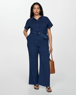 Mango Textured Cotton Navy Jumpsuit
