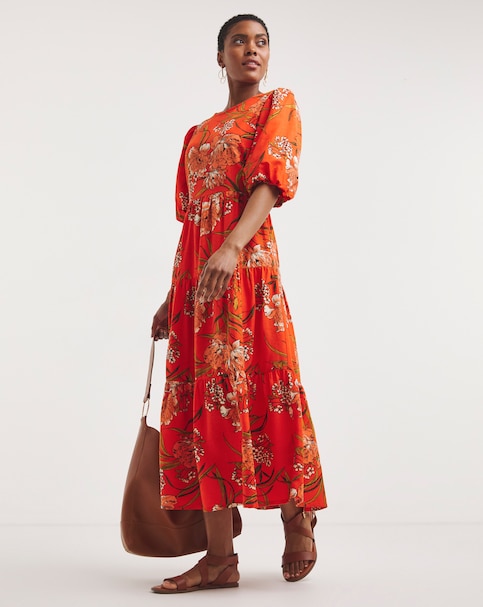Linen Mix Smock Dress With Puff Sleeves and Open Back
