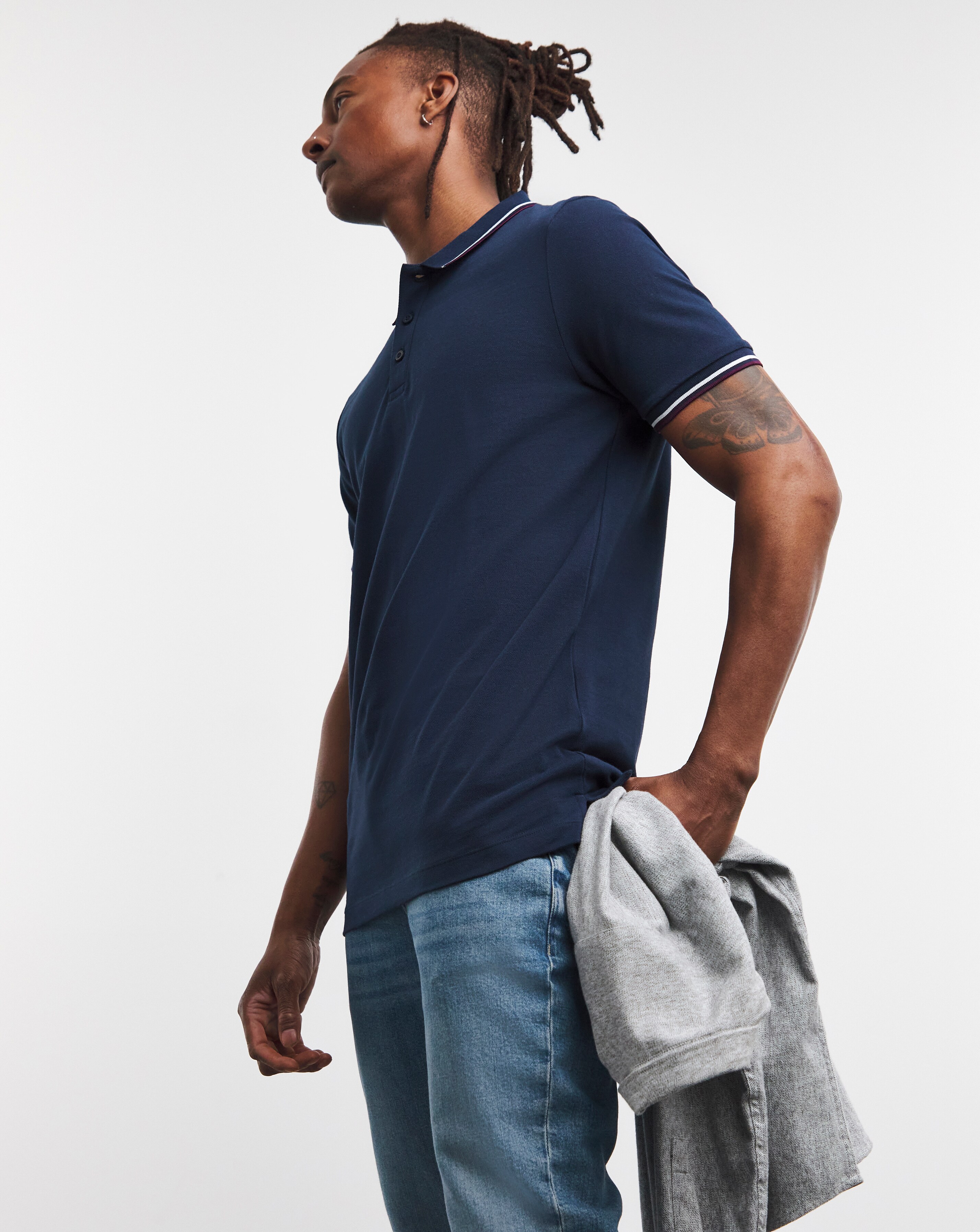 Pure Cotton Navy Pique Tipped Polo Long Length- Navy