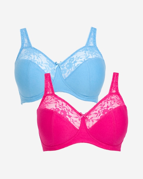 Pretty Secrets (2 Pack) Cotton Lace Non Wired Full Cup Bras (B-G) Pink/Blue