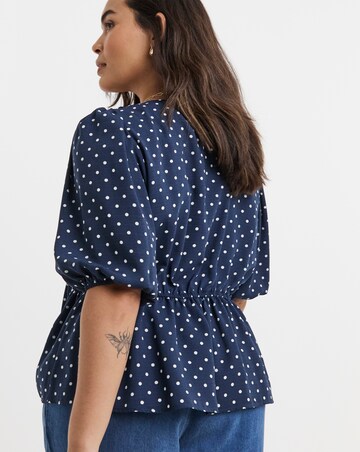 Navy Spot Button Through Peplum Blouse