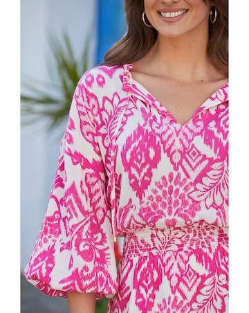 Sosandar Pink & White Aztec Print Tie Neck Dress