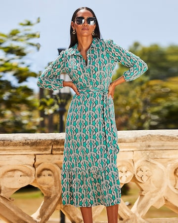 Sosandar Green Chain Print Jersey Ruffle Hem Midi Shirt Dress