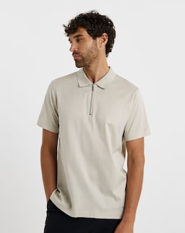 Folio Mercerised Supima Zip Polo-Stone