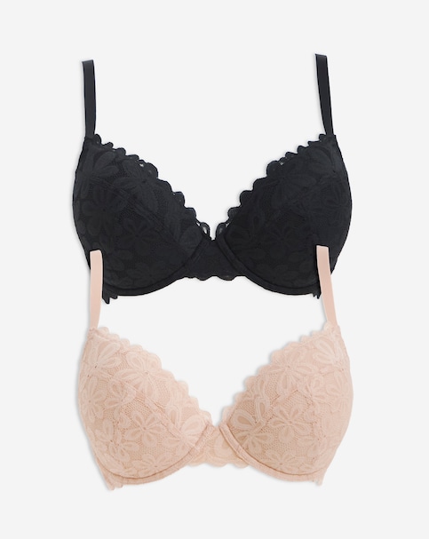 Pretty Secrets (2 Pack) Daisy Lace Plunge Wired Bras (B-F) Black/Almond
