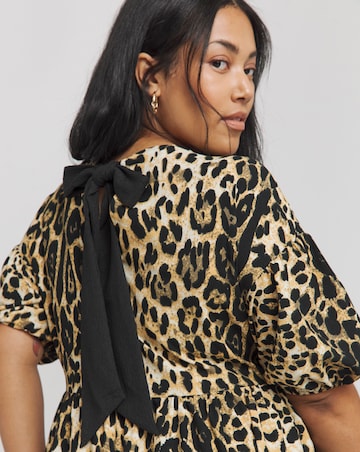Leopard Print Bow Detail Waffle Midi Dress