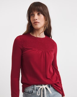 Red Cotton Shirred Yoke Top